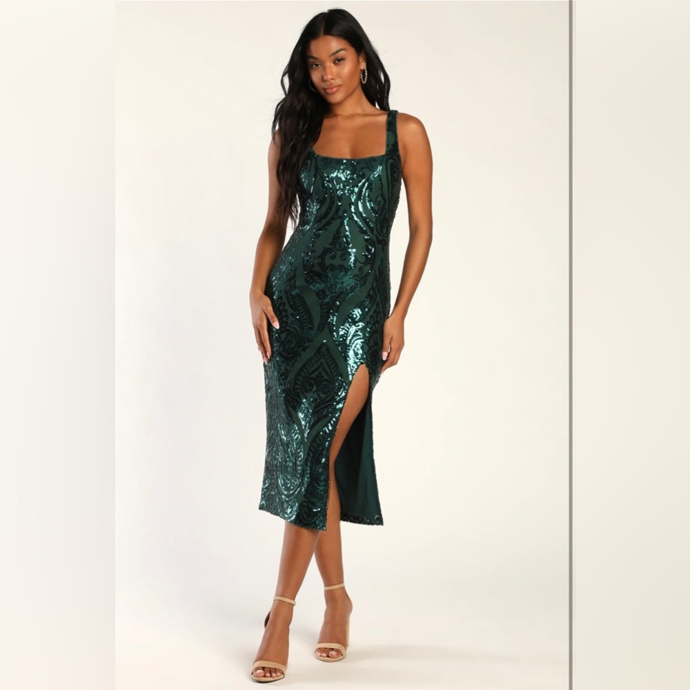 Starlet Potential Emerald Green Sequin Bodycon Midi Dress from Lulu’s.